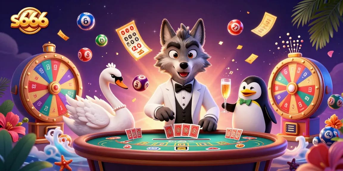 Experience thrilling gameplay at s666 with an elegant wolf, swan dealer, and penguin sommelier surrounded by vibrant lottery elements.