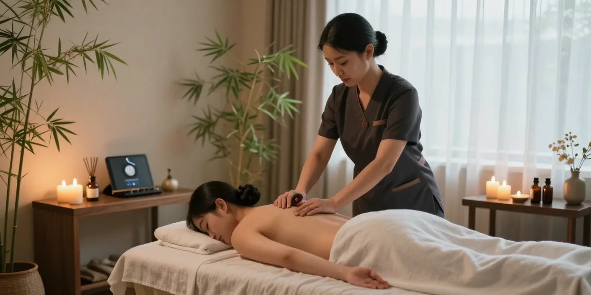 Client receiving 송파출장마사지 in a tranquil spa setting with calming ambiance and professional therapist.