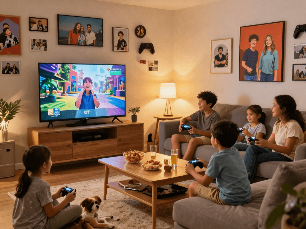 Family enjoying time together in a cozy living room around an Iron TV, playing games and sharing snacks.