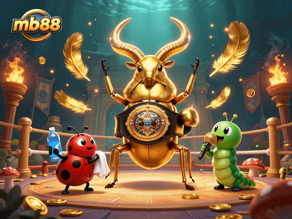 Engage with mb88's exciting gaming scene featuring a vibrant 3D beetle boxing match.