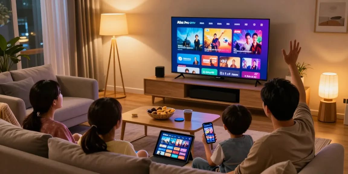 La famille profitant de l'application Atlas Pro pour une expérience de divertissement à domicile.