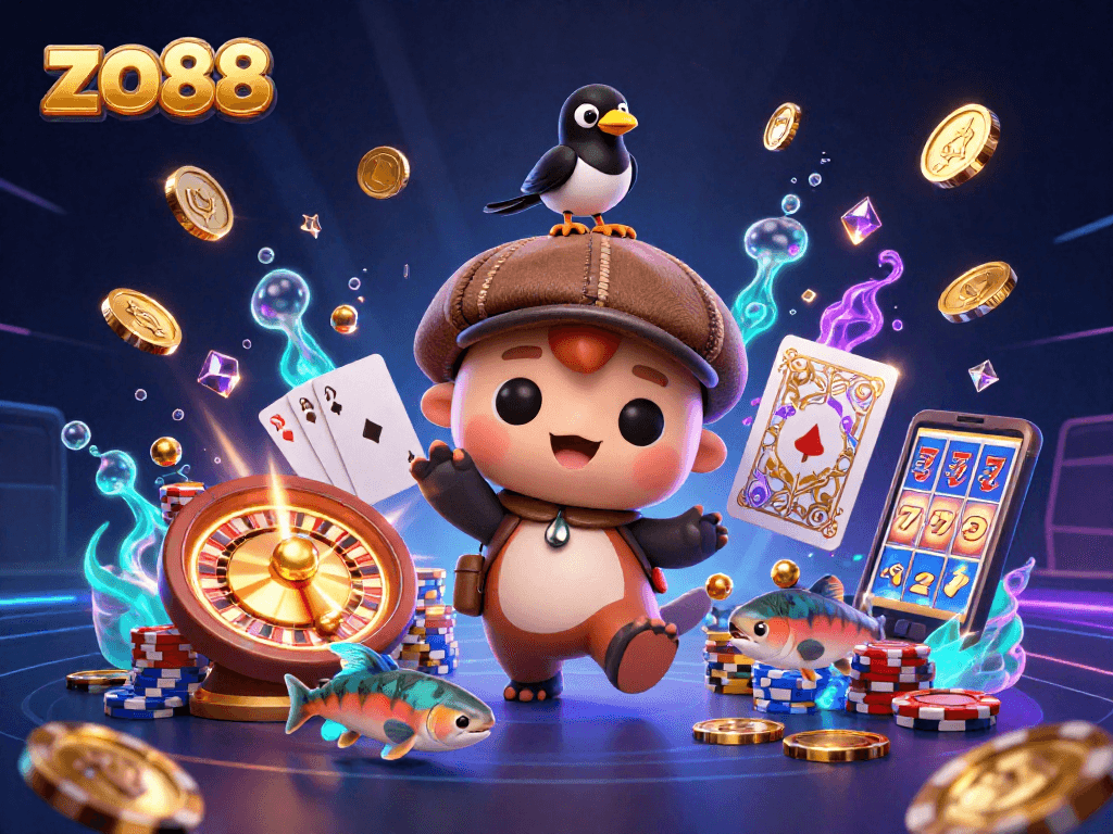 Engage in thrilling gaming adventures at zo88 with gems, coins, and colorful casino elements.