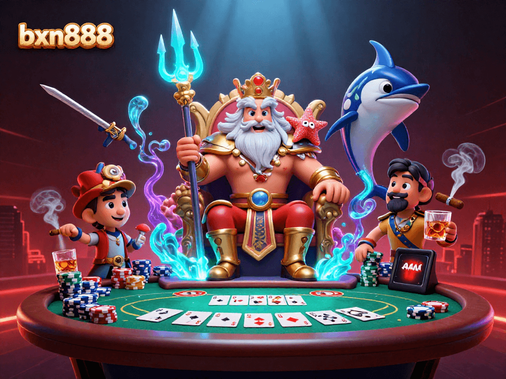 Experience winning excitement with bxn888 in a vibrant casino illustration featuring Neptune and poker elements.