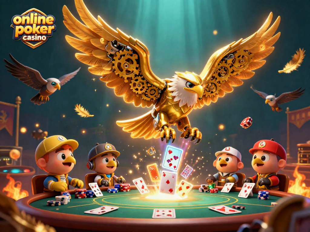 Experience excitement at an online poker casino with a cybernetic golden eagle diving through holographic cards.