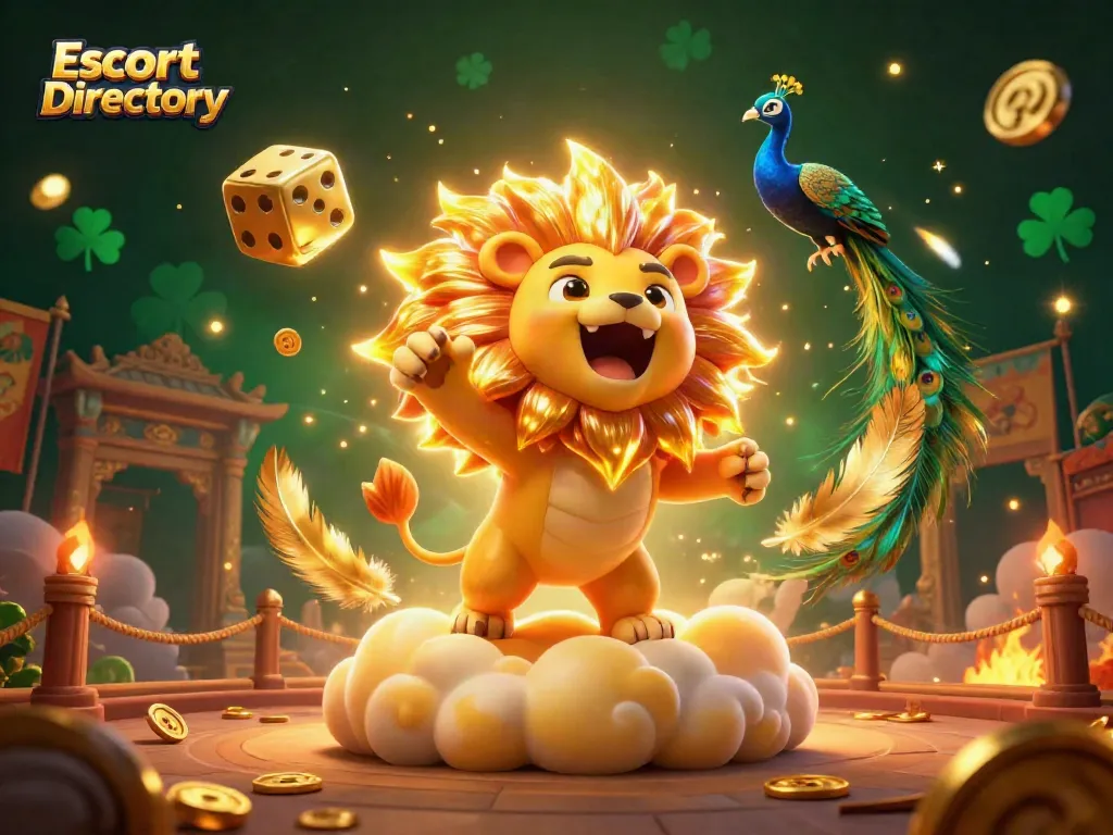 Engage with the dynamic Escort Directory showcasing a roaring sun lion, golden dice, and peacock in a vibrant casino atmosphere.