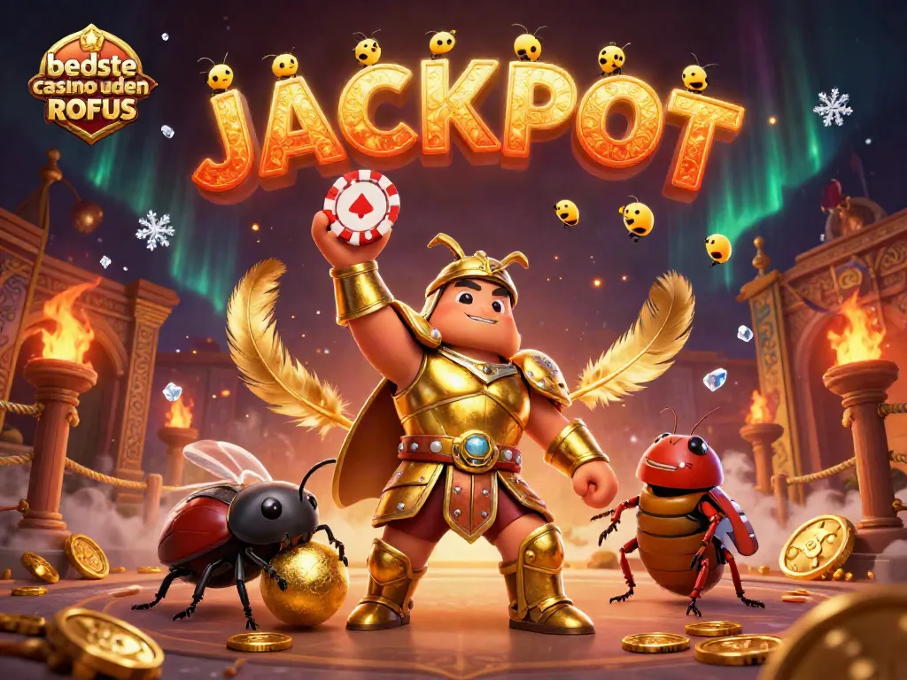 Experience the excitement at bedste casino uden ROFUS with a heroic scene featuring a victorious beetle and vibrant gaming elements.