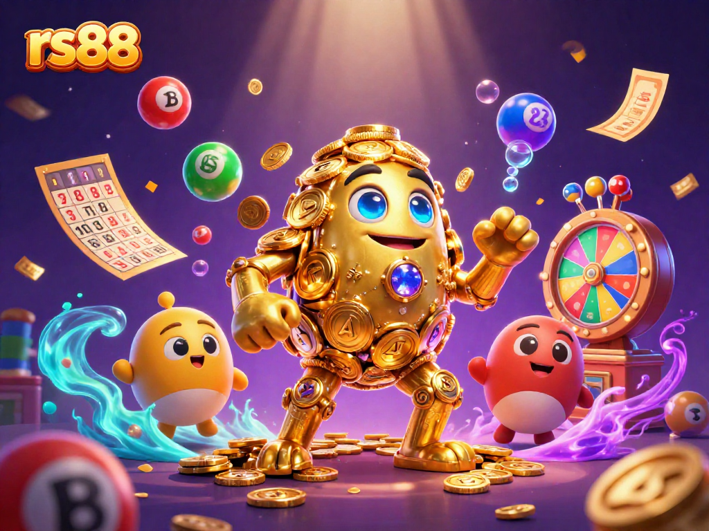 Engage with thrilling gameplay at rs88 in this vibrant 3D casino scene featuring golden treasures and dynamic lottery elements.
