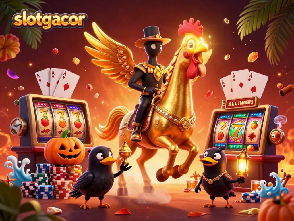 Experience thrilling gaming at slotgacor with a captivating casino scene featuring golden rooster characters.