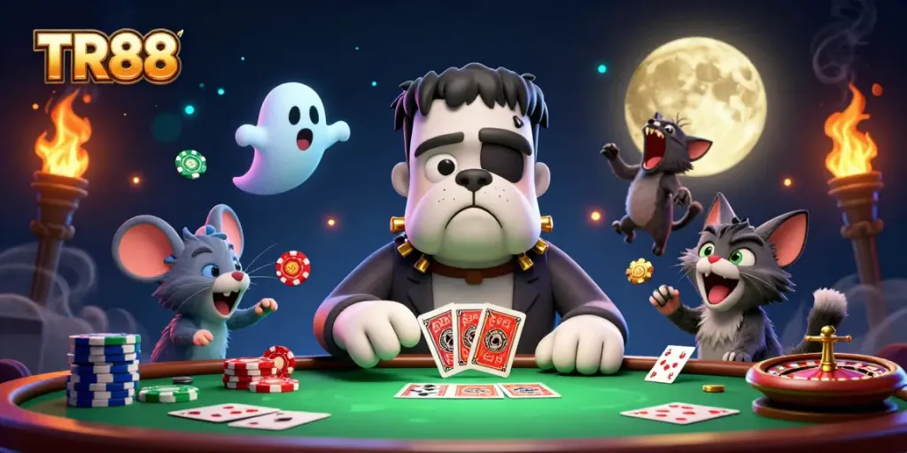 Engage in thrilling poker action with TR88 as the Frankenstein bulldog dealer entertains at the table.