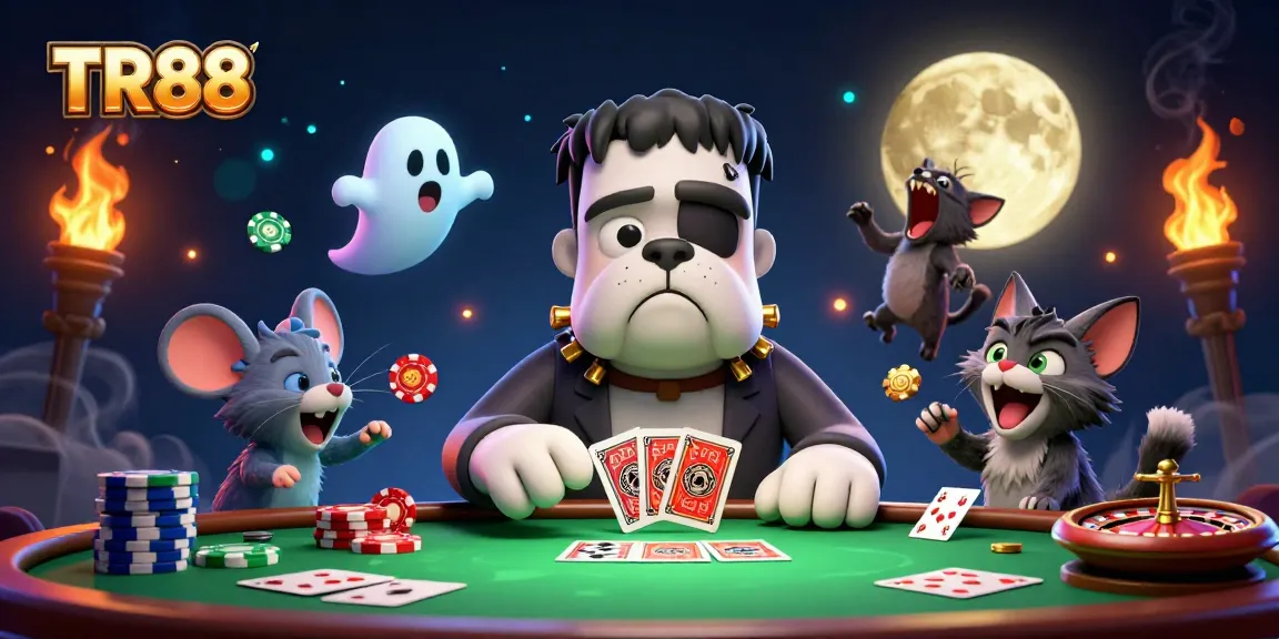 Engage in thrilling poker action with TR88 as the Frankenstein bulldog dealer entertains at the table.