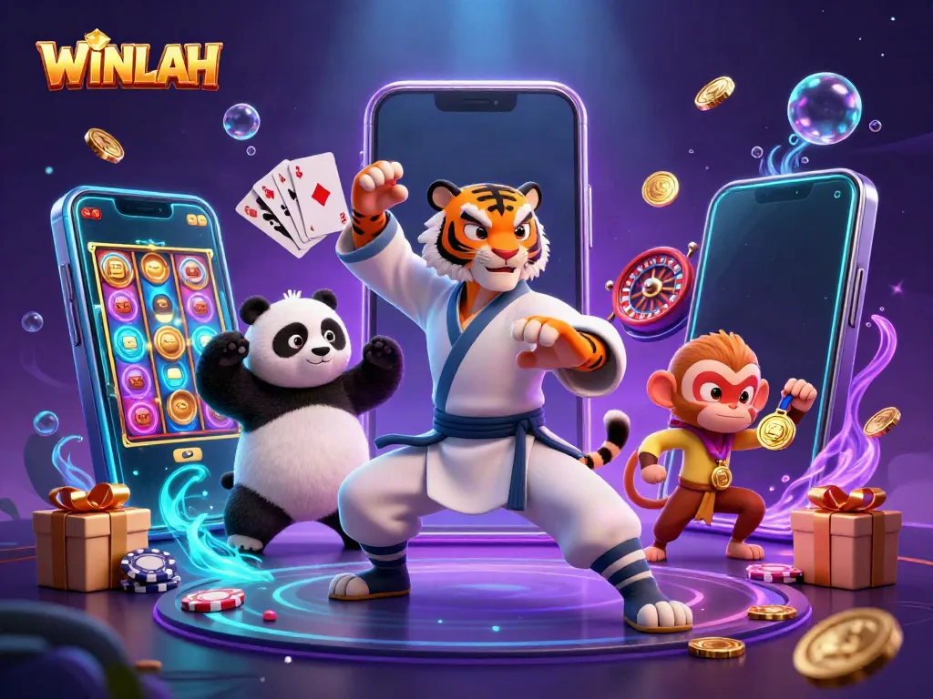 WINLAH illustration showcasing a kung fu tiger and panda in a vibrant casino setting, engaging with colorful slot games.