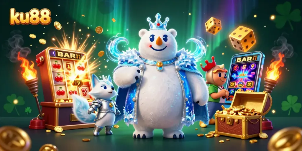ku88 casino characters celebrate a jackpot with slot machines and gold coins in a vibrant 3D illustration