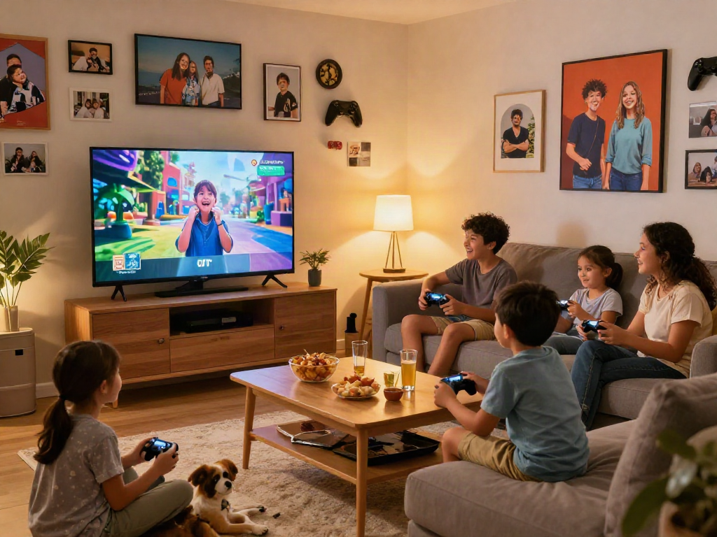 Family enjoying time together in a cozy living room around an Iron TV, playing games and sharing snacks.