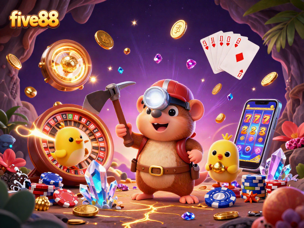 Experience five88's vibrant casino scene with a treasure hunter mole amidst cascading coins and glowing gems.