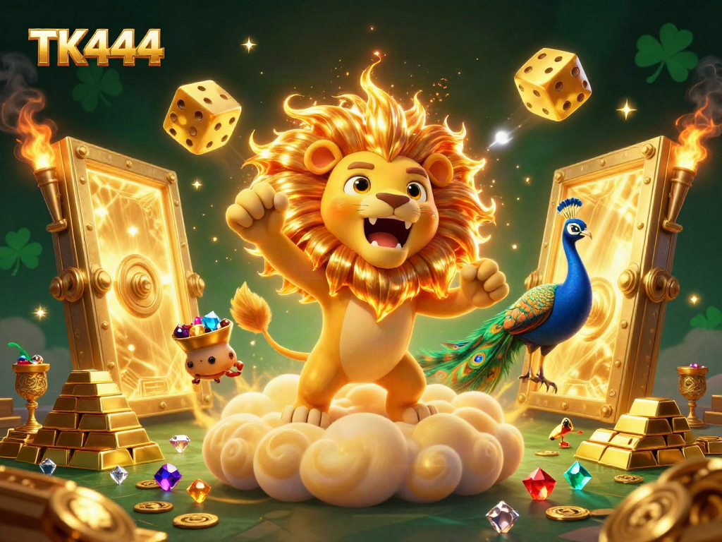 Engage in thrilling play at TK444, surrounded by vibrant casino elements and treasures.