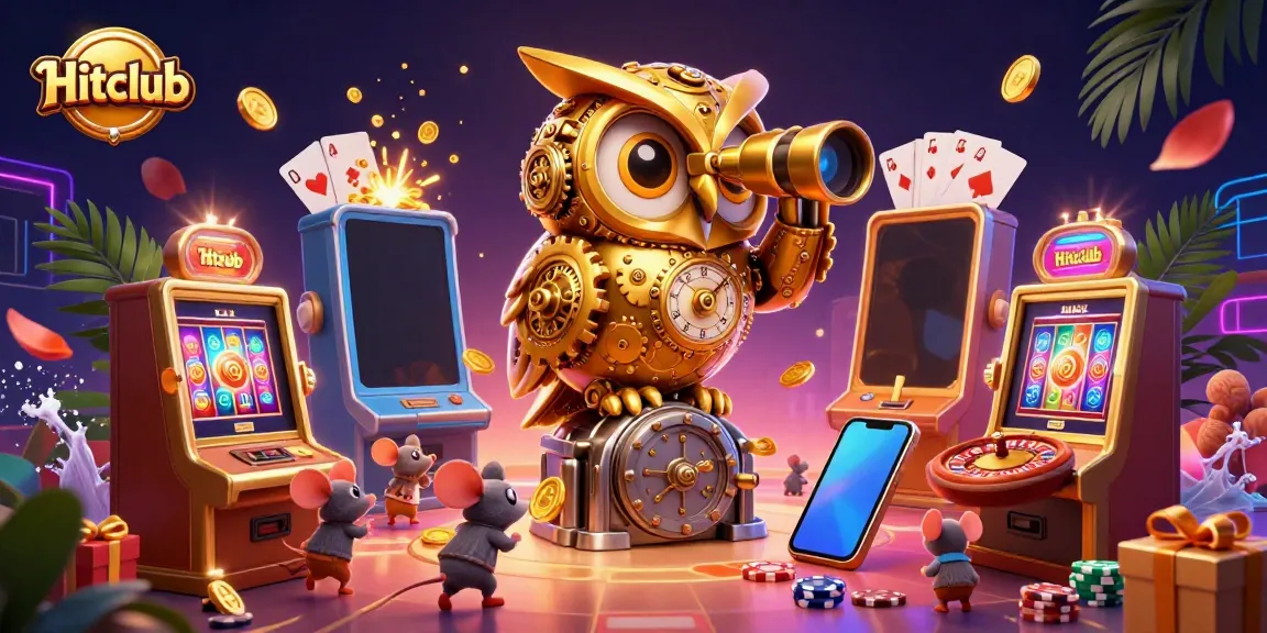 Experience thrilling wins with Hitclub in a vibrant online casino scene featuring a cartoon owl and playful mice.