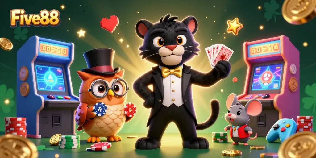Engage in thrilling casino fun with Five88, featuring a panther dealer, owl with chips, and lucky mouse!