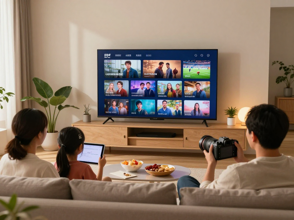 Famille profitant d'Atlas pro ontv sur un téléviseur intelligent, en train de regarder des films et des séries.
