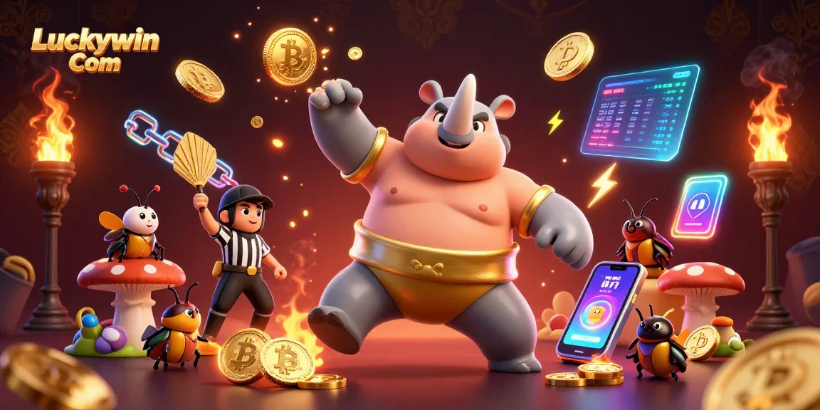 Experience the excitement of Luckywin Com as golden coins fly with a beetle champion and referee in dynamic casino action.