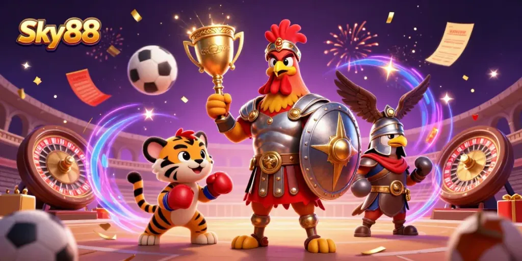 Engage in exhilarating moments at Sky88 with a vibrant sports-themed casino illustration showcasing the excitement of betting.