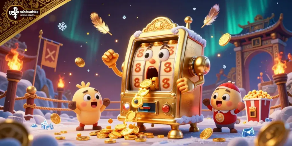 Experience the excitement of udenlandske online casino with a golden slot machine hitting a jackpot in a vibrant 3D scene.