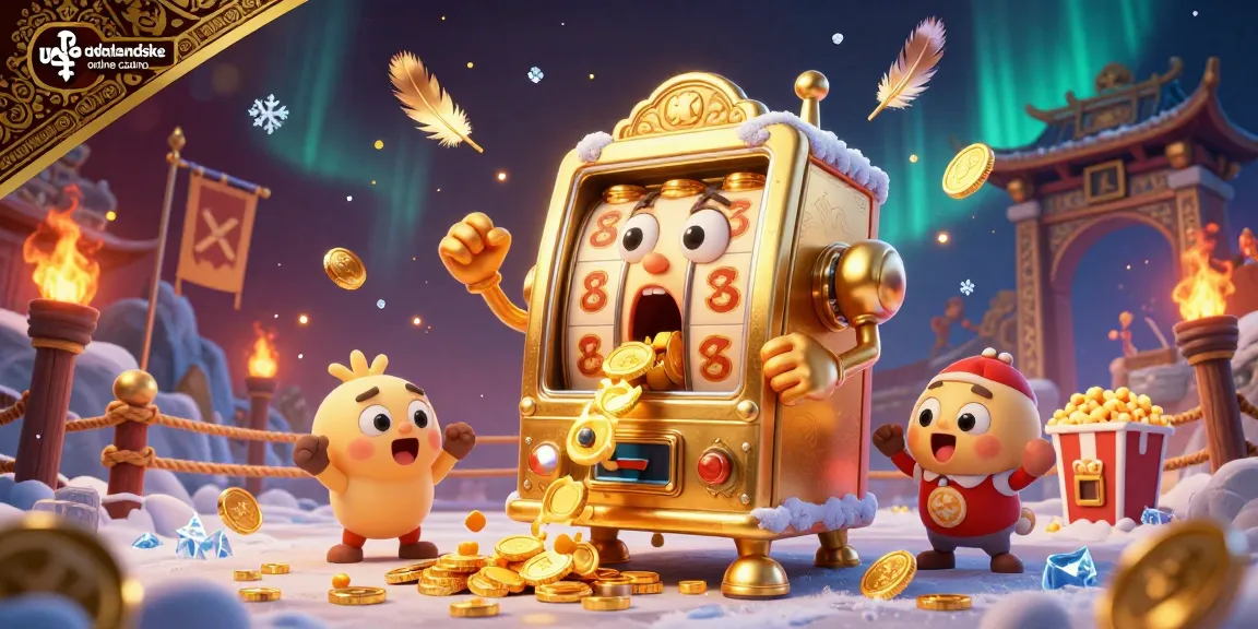 Experience the excitement of udenlandske online casino with a golden slot machine hitting a jackpot in a vibrant 3D scene.