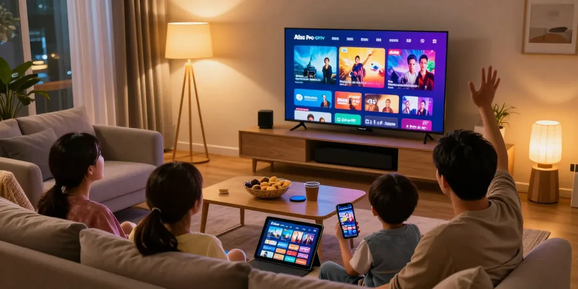 La famille profitant de l'application Atlas Pro pour une expérience de divertissement à domicile.