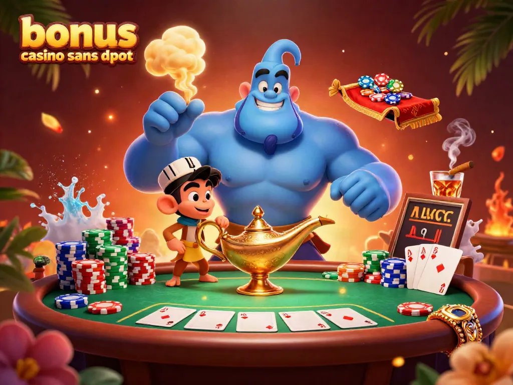 Illustration représentant un bonus casino sans dépôt, entre un génie et un singe, entouré de jetons de poker.