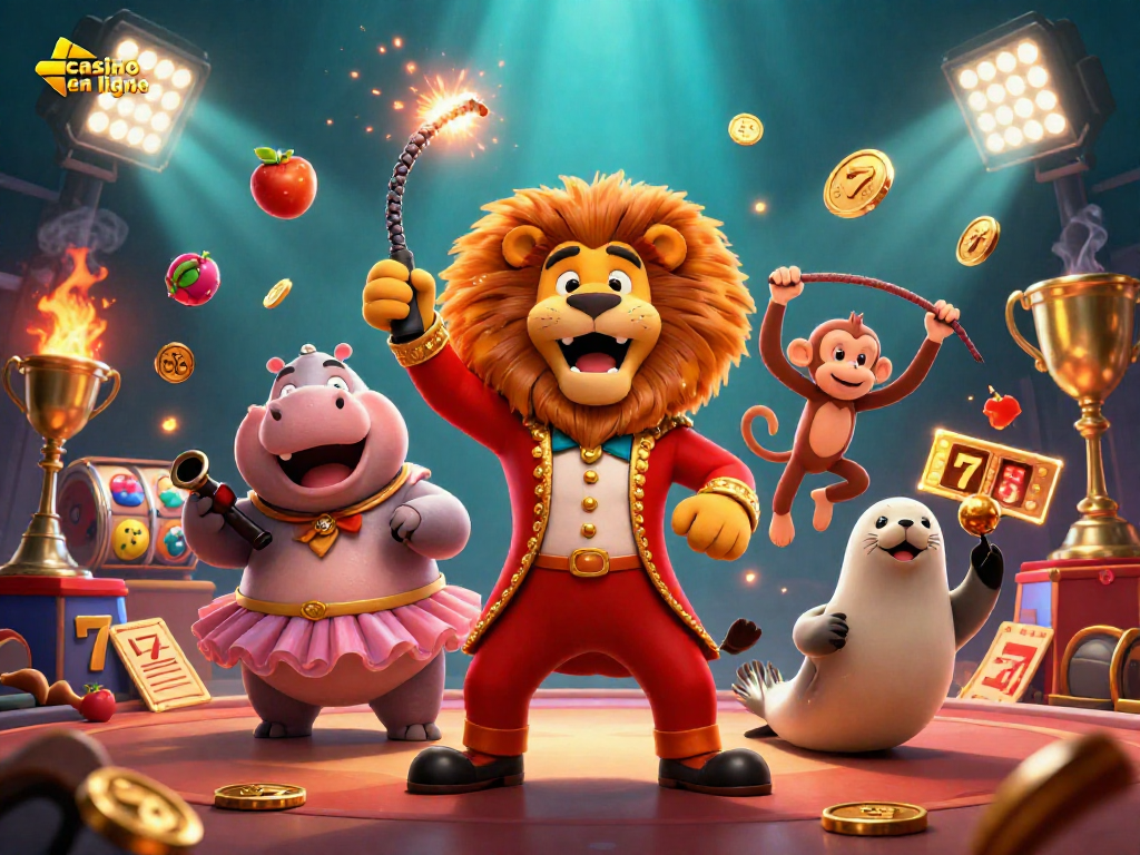 Jouez au casino en ligne avec ce lion maître de cérémonie et des personnages colorés entourés de symboles de jackpot.