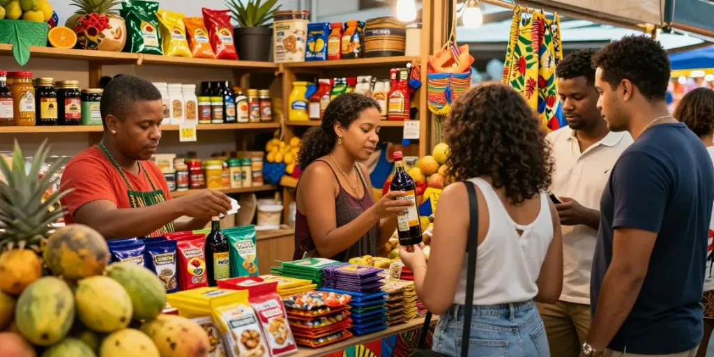 Scène de marché animé montrant des clients explorant des Produits brésiliens dans un environnement chaleureux et coloré.