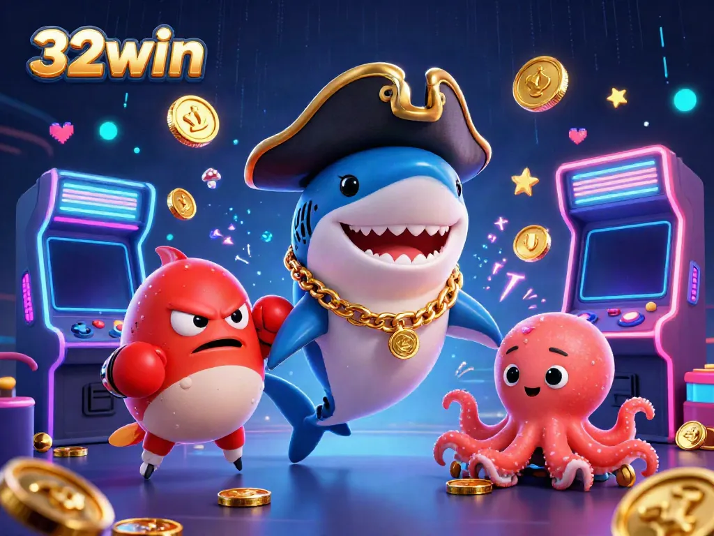 Join the adventure with 32win's pirate shark, pufferfish, and octopus in an exciting casino scene.