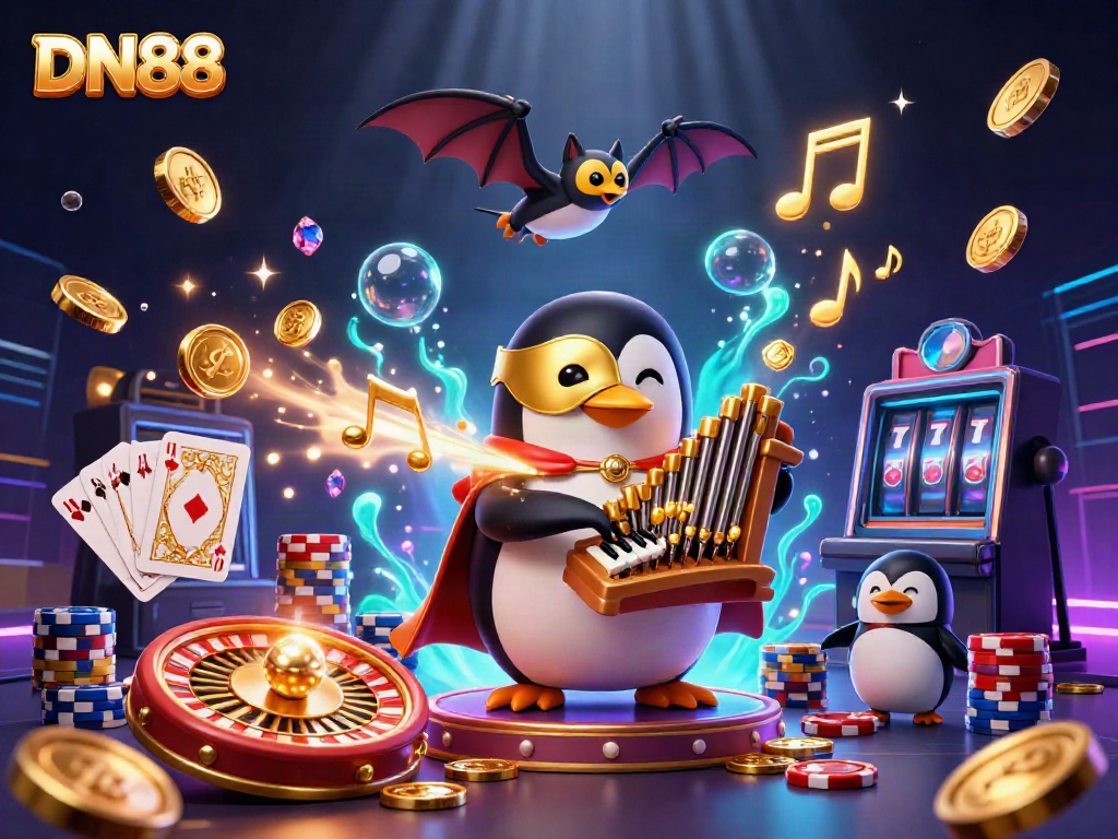 Join the fun at DN88 with a magical penguin playing for fortune amidst swirling coins and gems