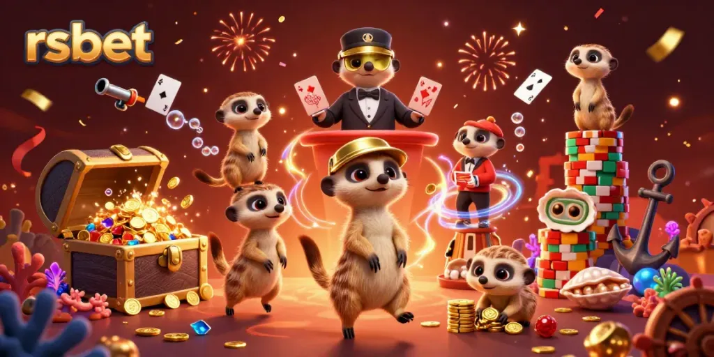 Experience rsbet's thrilling 3D casino adventure with meerkats operating games and treasures.