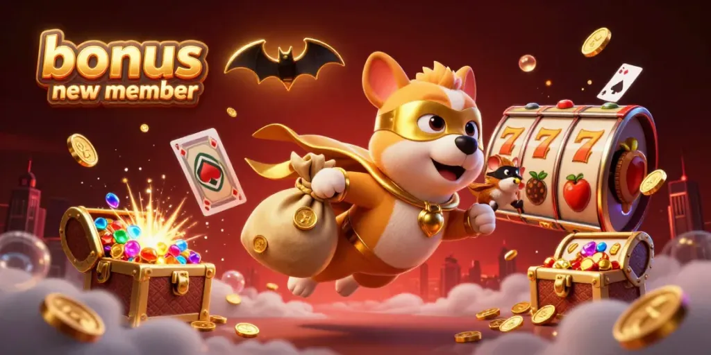 Experience the exhilarating bonus new member promotions through a vibrant 3D illustration of a superhero dog and fun casino elements.
