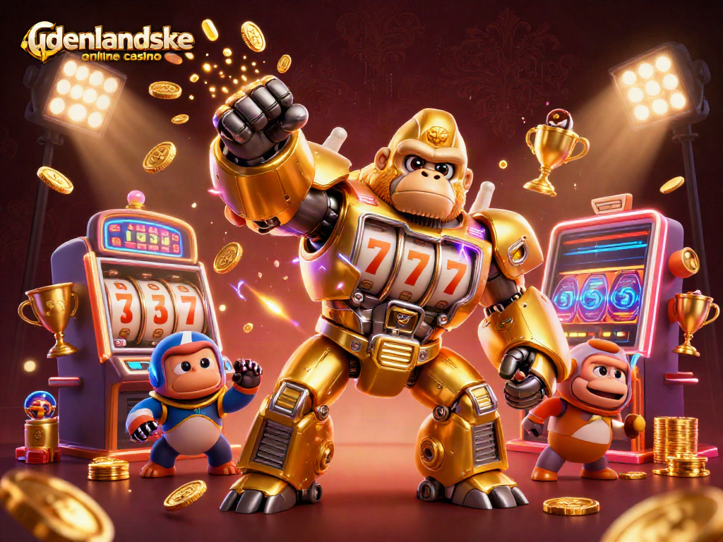 Experience the excitement of udenlandske online casino with a vibrant 3D illustration showcasing a golden gorilla mech in action.