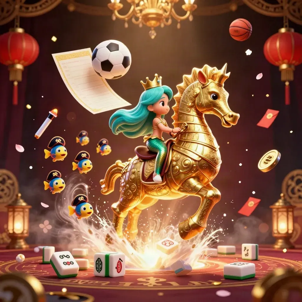 Princesse sirène sur hippocampe doré, ballons et lanternes sur fond bordeaux luxueux.