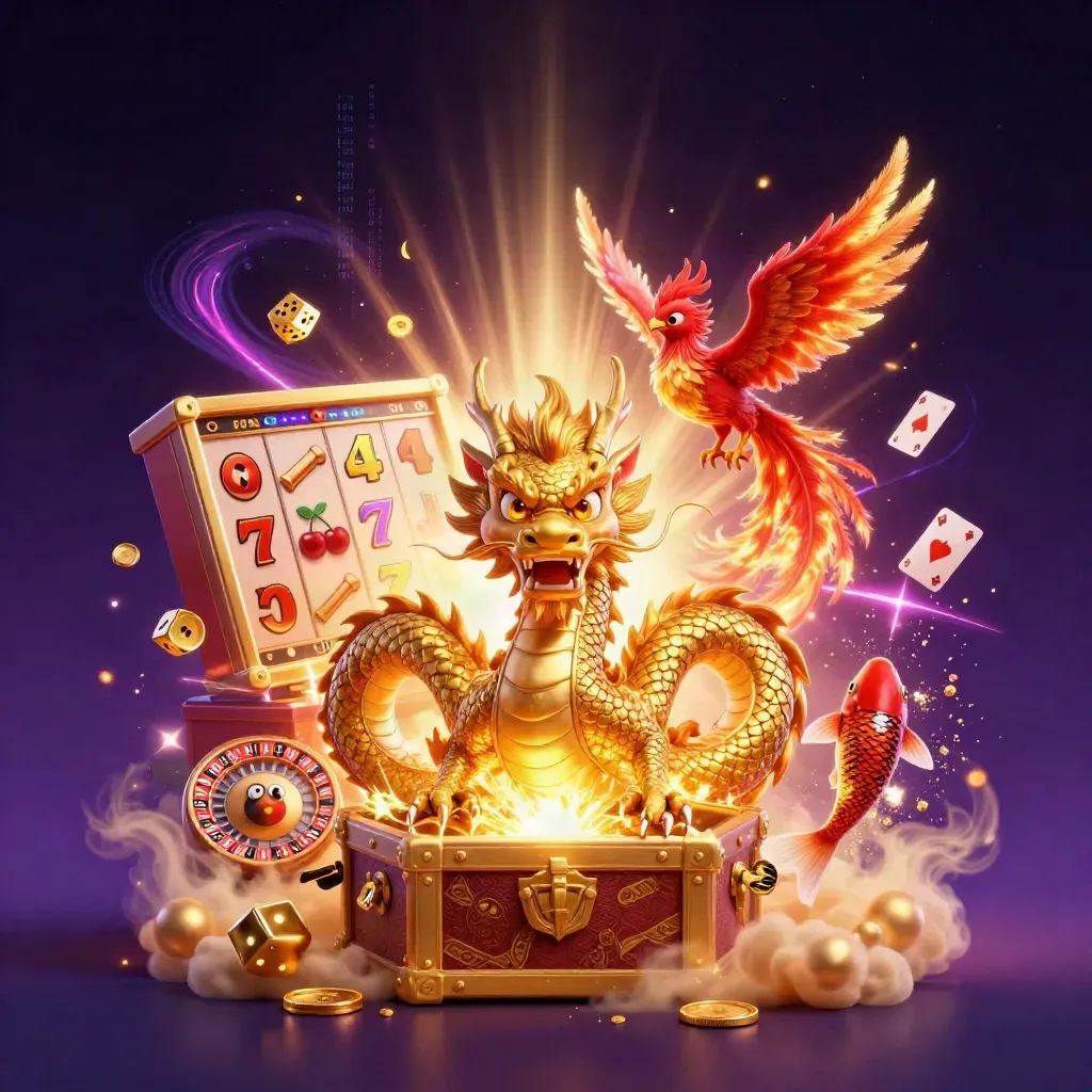 Dragon doré, phénix rouge et carpe koi, machine à sous, pièces et éclairs sur fond nuit.