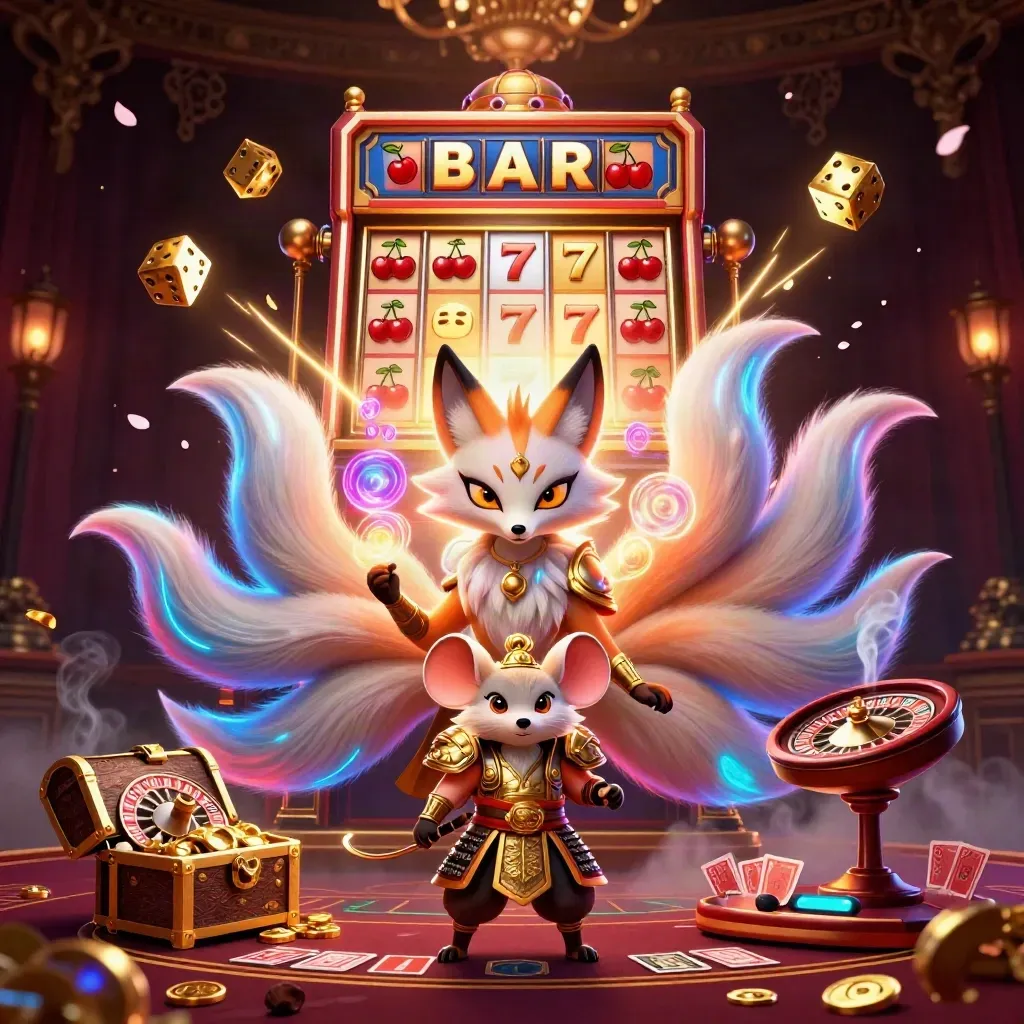 Renard spirituel à neuf queues et souris samouraï, casino luxe rouge sombre, slot machine et or partout.