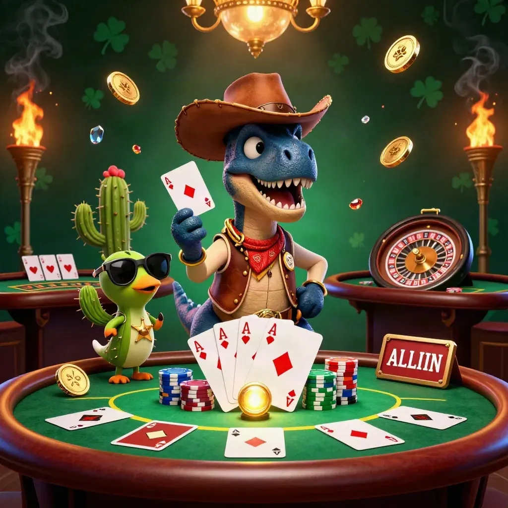 Un T-Rex cow-boy, un cactus et un oiseau-sheriff autour d’une table de casino luxueuse.