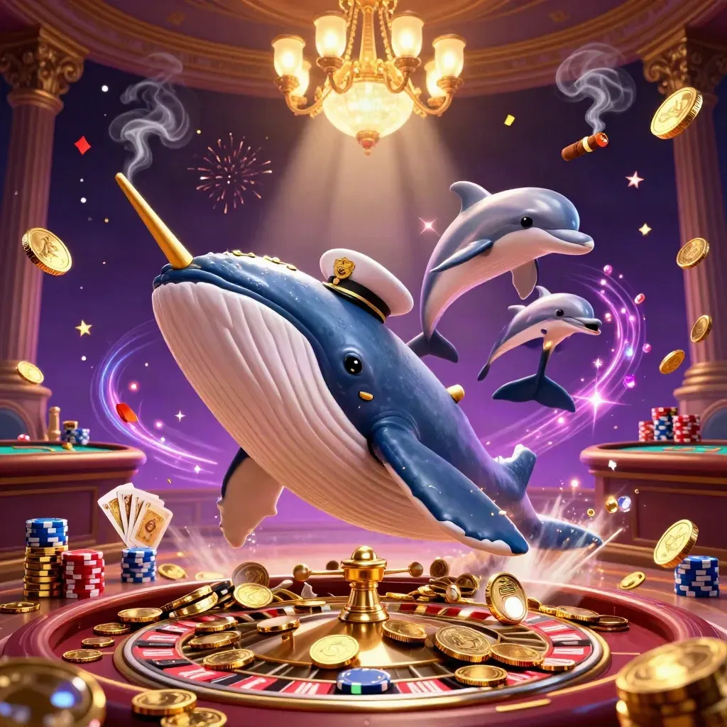 Baleine capitaine, narval et dauphins dans un casino luxueux, pièces d’or et éclats magiques.