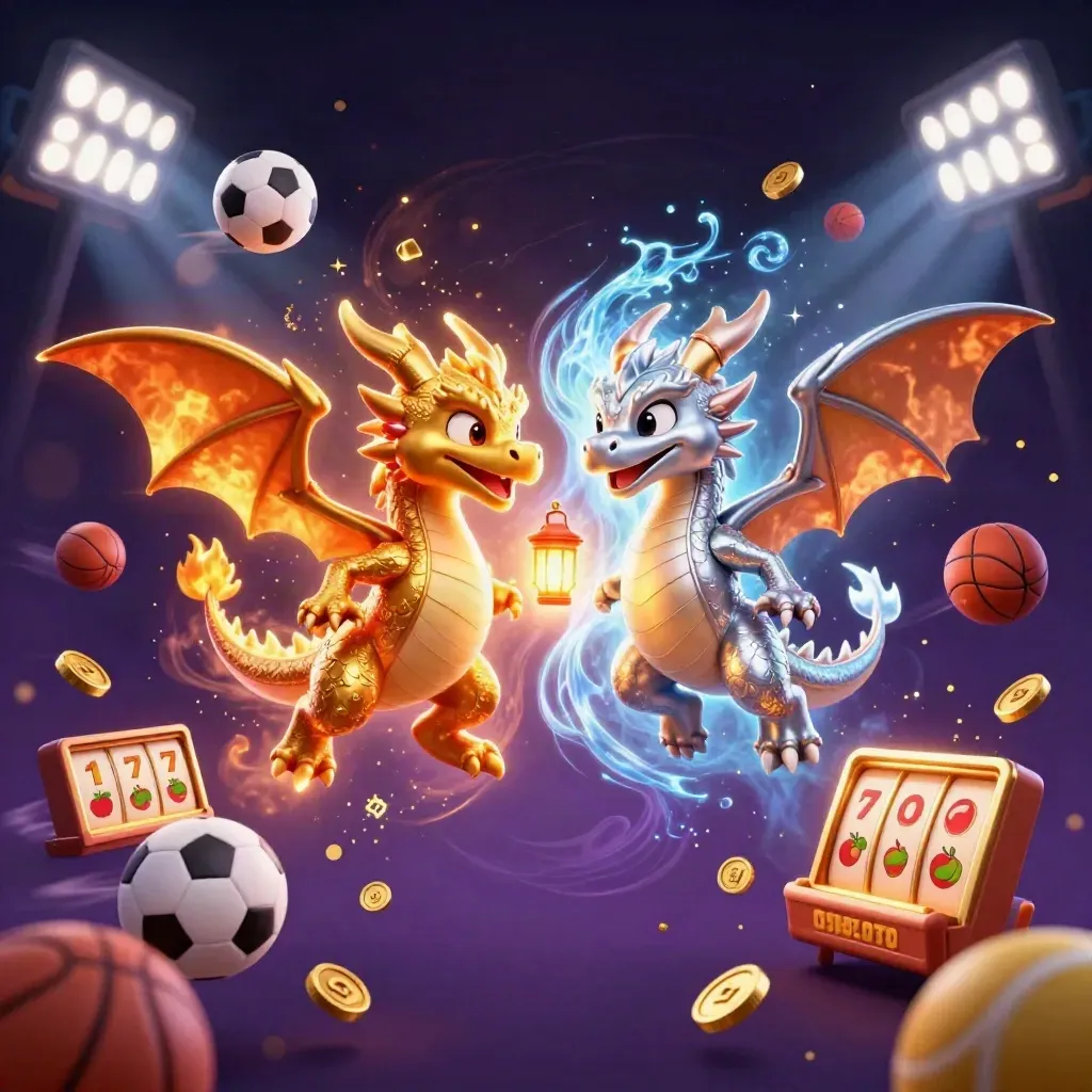 Deux dragons jumeaux or et argent, souffle yin-yang, éclats de casino et lumière magique.
