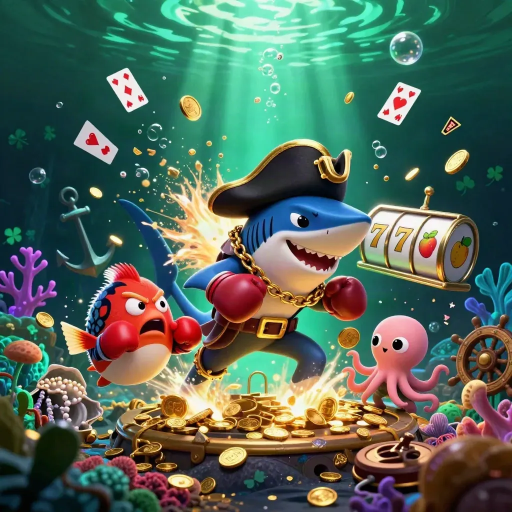 Requin pirate, poisson-globe boxeur et pieuvre jonglent dans un trésor sous-marin scintillant.