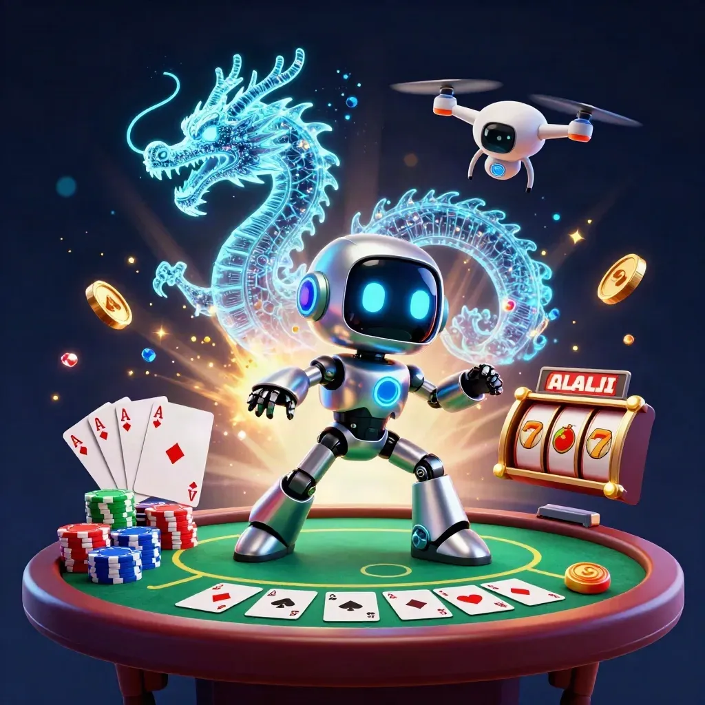 Robot cyberpunk, dragon holographique et drone pièce dans une scène casino néon.