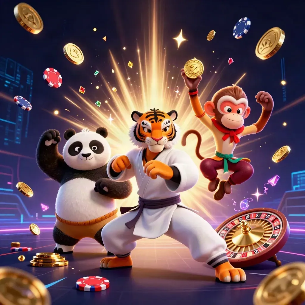Tigre kung-fu, panda et singe sur fond néon avec pièces d’or et gemmes