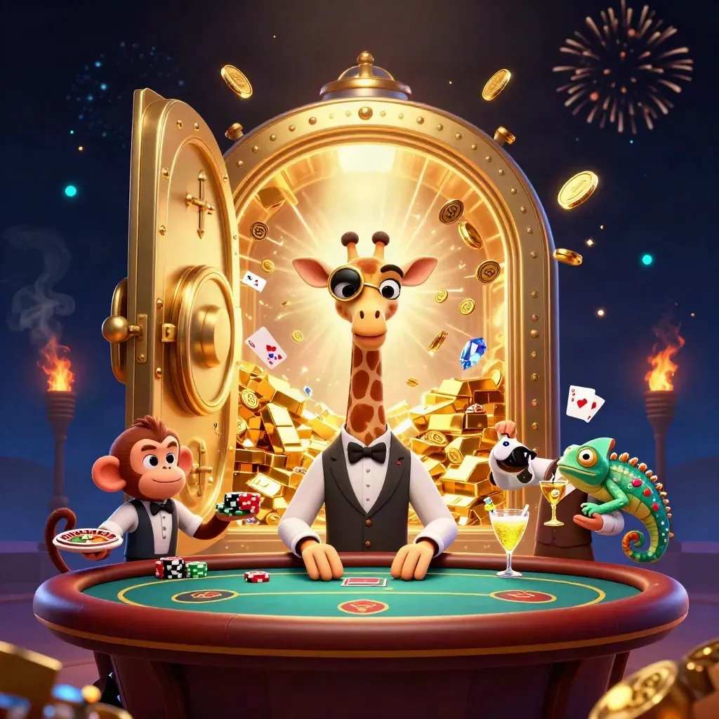 Girafe, singe et caméléon devant un coffre d’or explosant de lumière et de pièces.