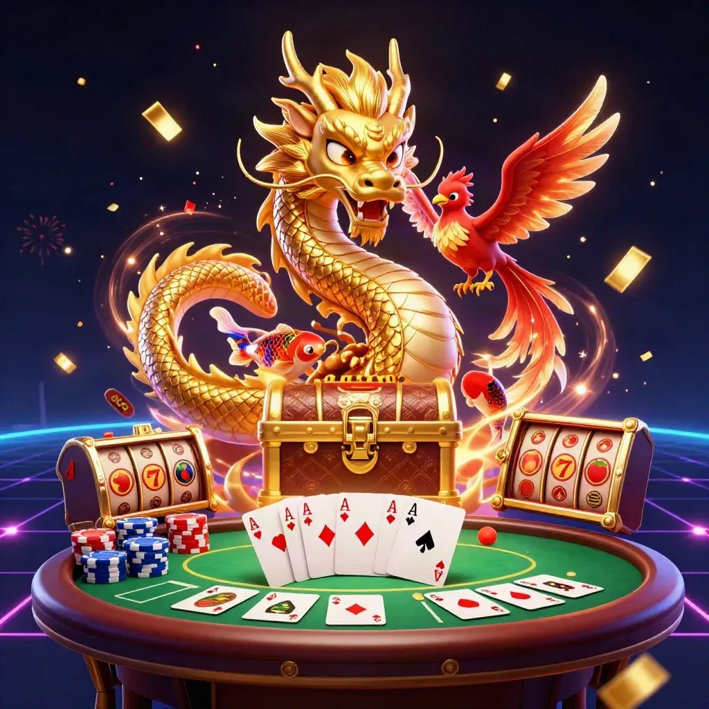 Dragon d’or, phénix et koi entourés de cartes, jetons et néons sur fond bleu nuit.