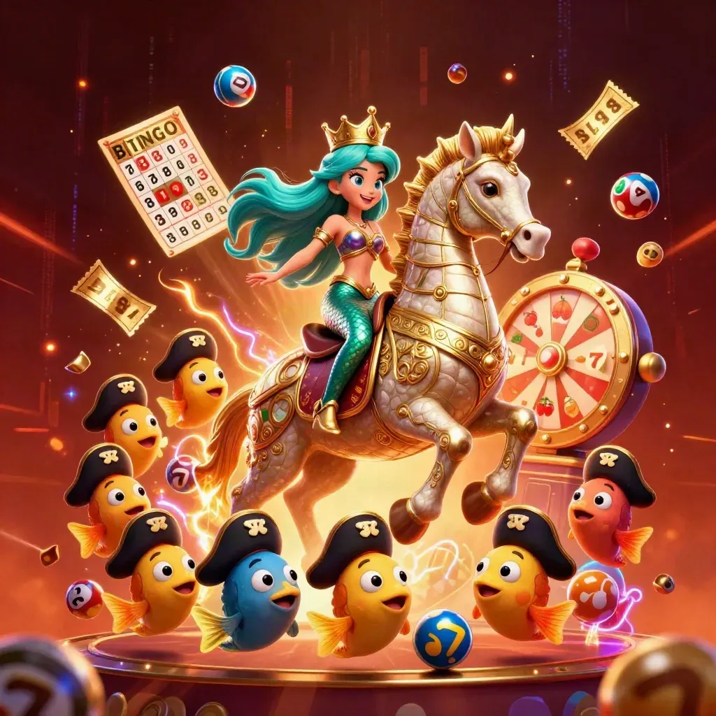 Sirène turquoise sur hippocampe doré, poissons pirates, jetons et lumières de casino rouge sombre.