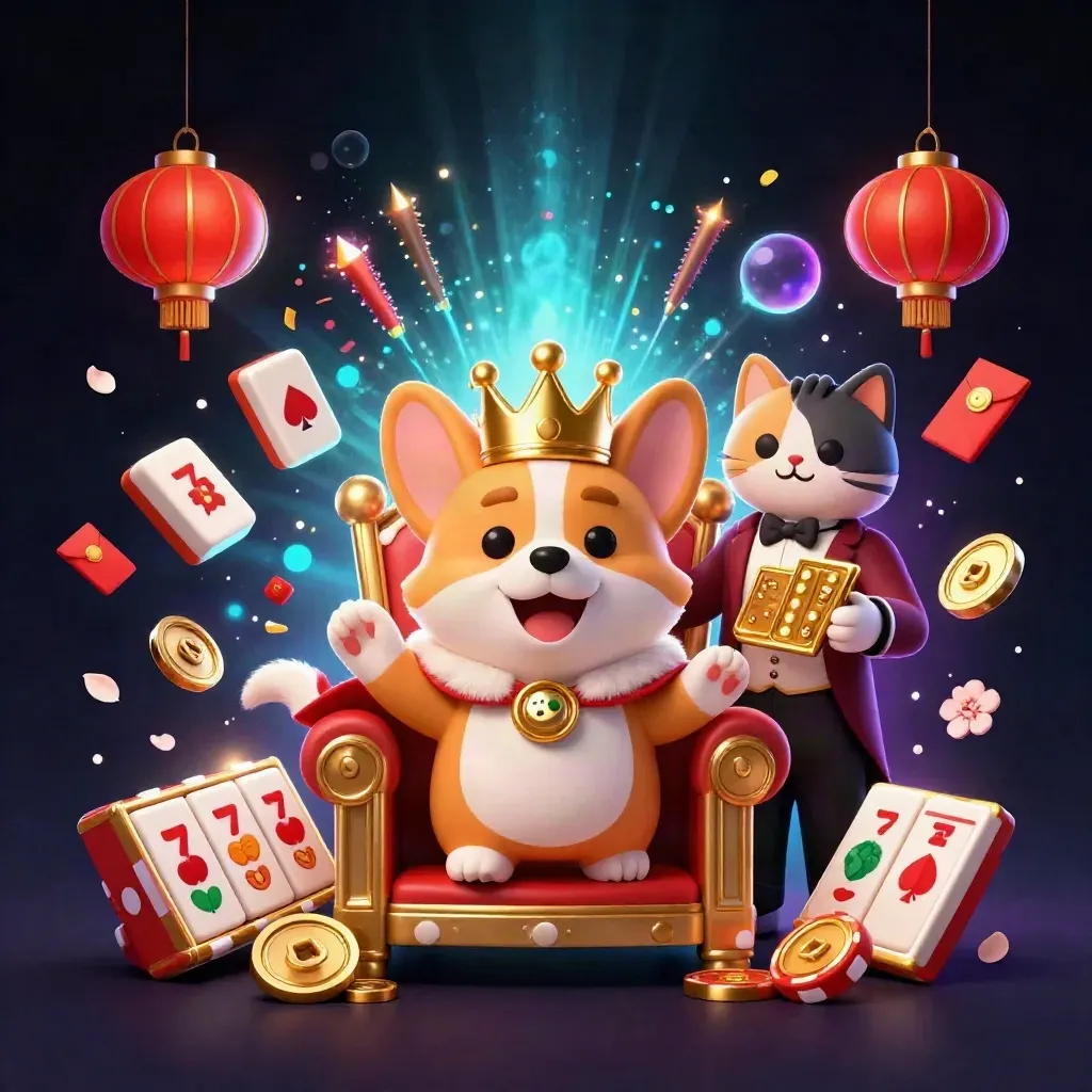 Corgi royal sur un trône, majordome chat, symboles de casino et éclats dorés sur fond bleu nuit.