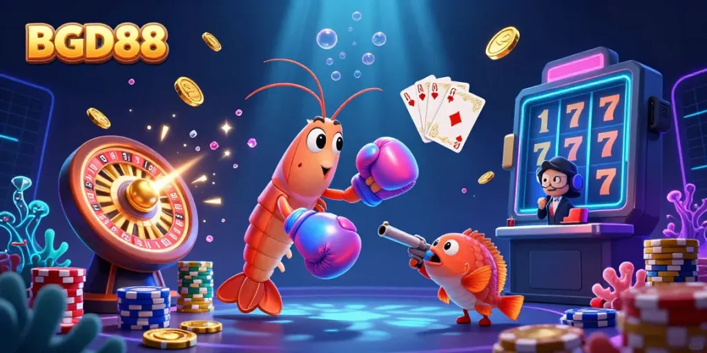 Experience the thrill of BGD88 with vibrant casino action featuring lively characters, coins, and playing cards.