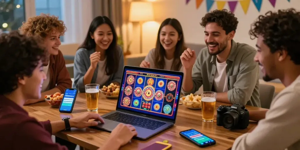 Joueurs s'amusant ensemble à un casino en ligne sans dépôt, ambiance festive et chaleureuse.